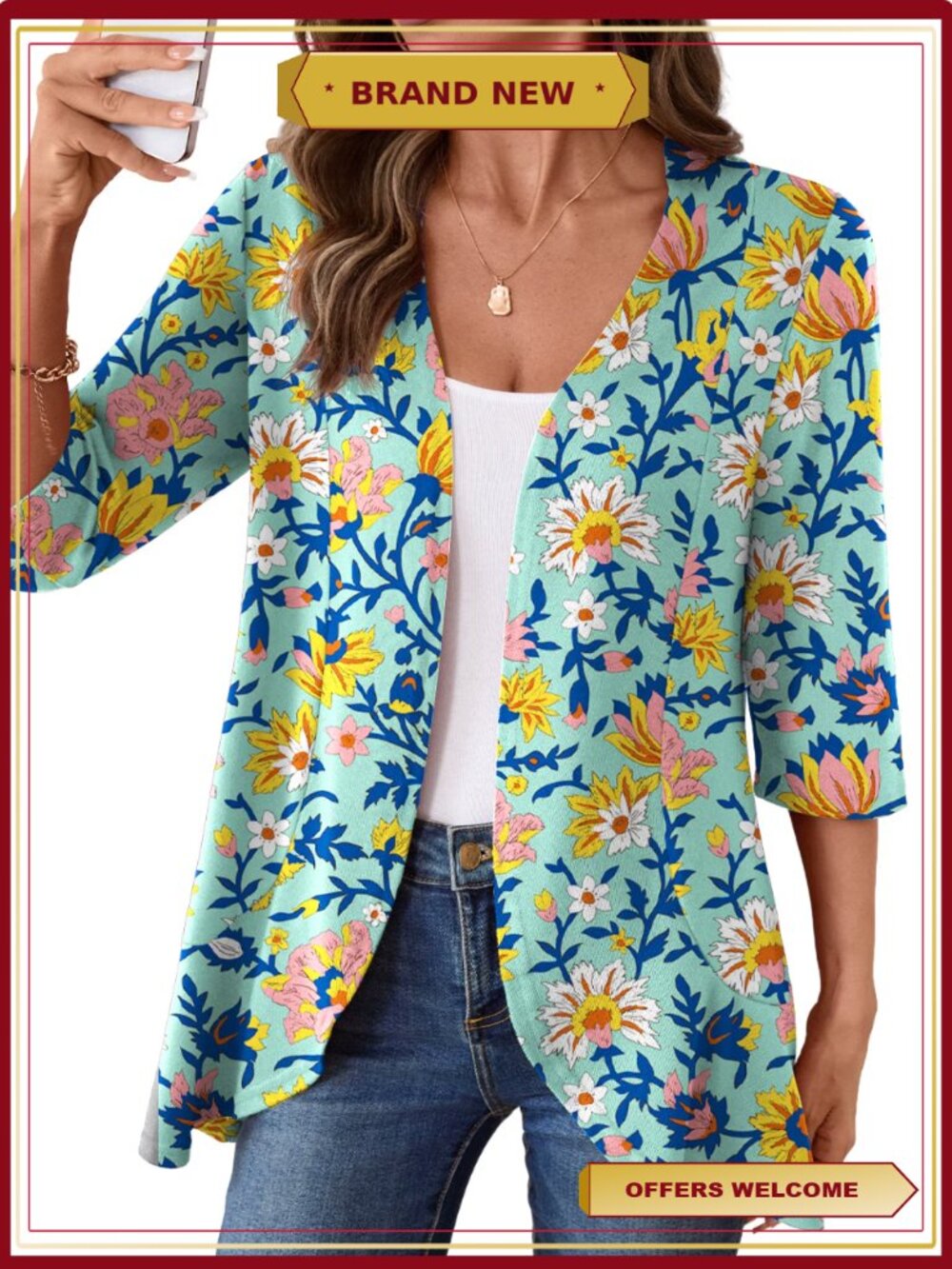 Lightweight Open Front Cardigan 3/4 Sleeve Polyester Spandex Casual Layer